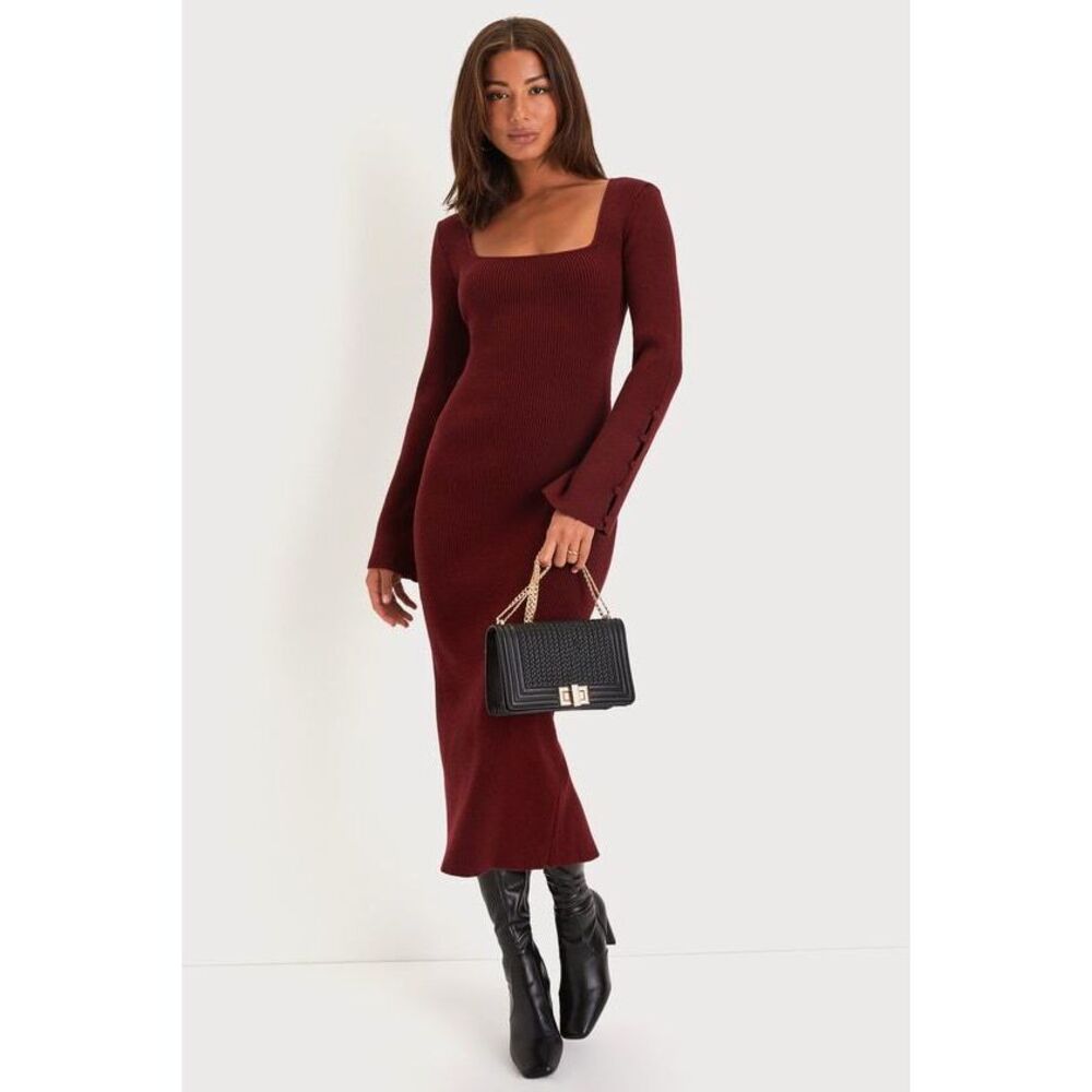 Lulus Classy Attitude Burgundy Ribbed Square Neck Midi Sweater Dress Red